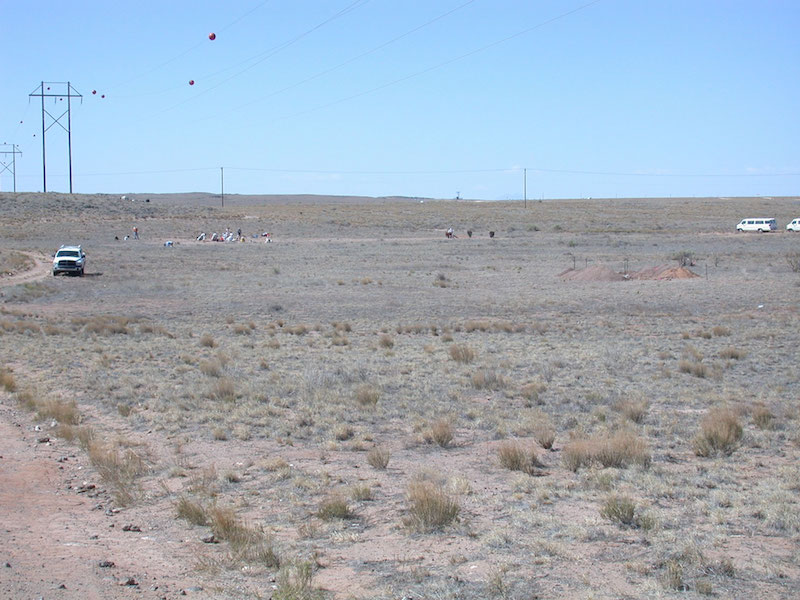 Deann's site in 2006, view south. The playa floor is apparent in the middle ground (note back dirt from trench at right). Excavations are under way at the Folsom locality on the far side of the basin. Basalt outcrops are apparent at left, just below the nearest power poles. (V.T. Holliday).